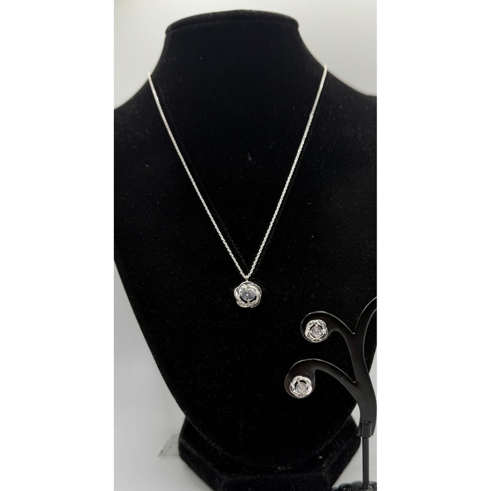 Necklace & Stud Earrings Set New Silver Rhinestone Sparkle Swirl Crystal Pendant - Picture 3 of 6